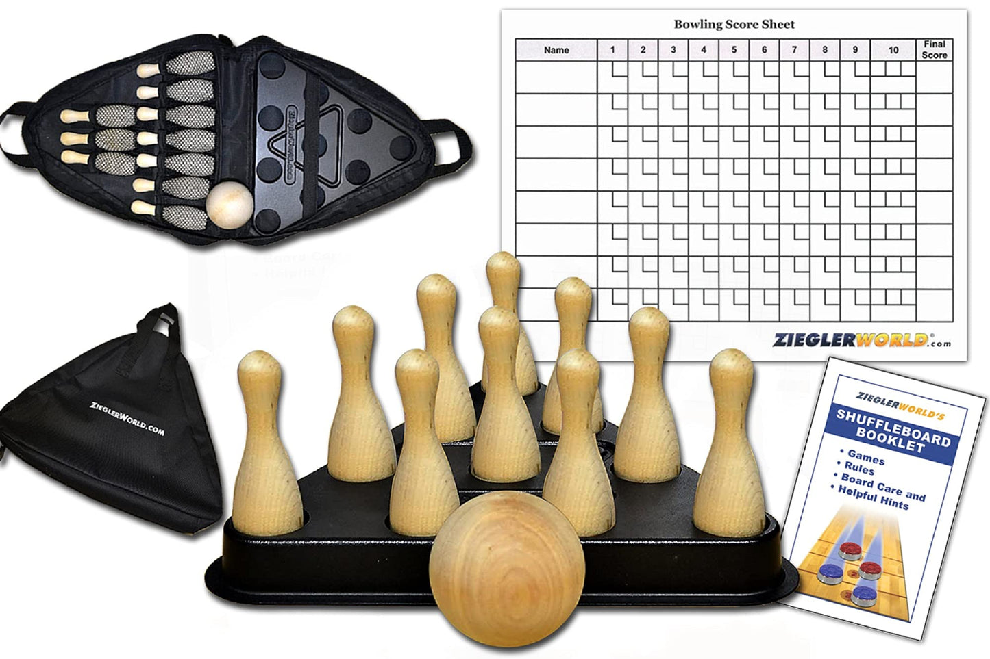 Zieglerworld Table Shuffleboard Bowling Brown Pins - Pinsetter - Rules Booklet - Score Chart - Carrier Bag & Wood Ball - WoodArtSupply