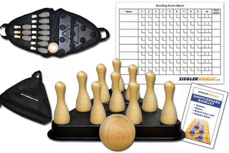 Zieglerworld Table Shuffleboard Bowling Brown Pins - Pinsetter - Rules Booklet - Score Chart - Carrier Bag & Wood Ball Zieglerworld