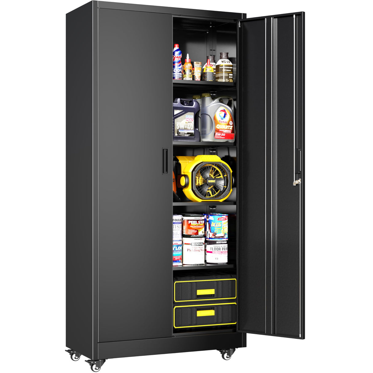 Greenvelly Metal Storage Cabinet with 4 Swivel Wheels, 73" H Black Garage Storage Cabinet with Wheels, Rolling Tool Cabinet with Locking Doors and Shelves for Home, Basement, Kitchen Pantry, Warehouse Greenvelly