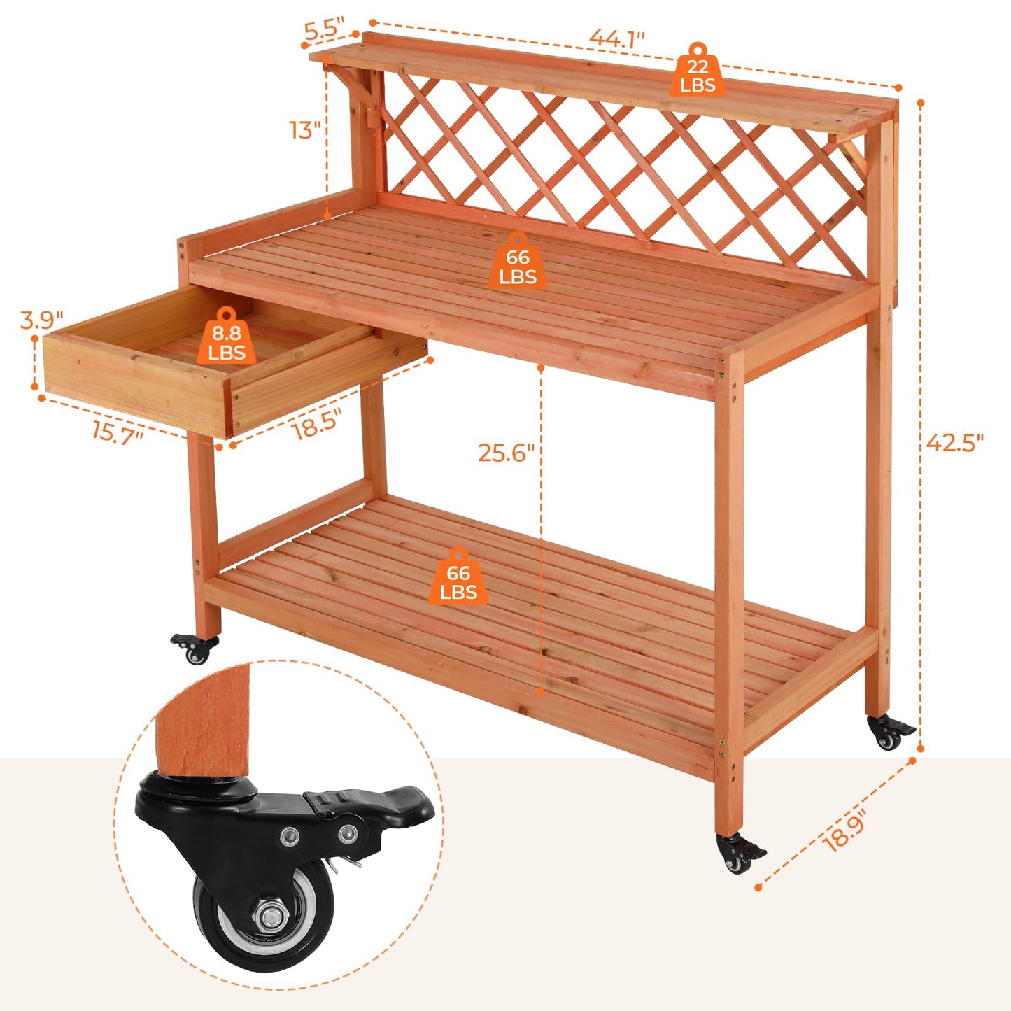 Arlopu Outdoor Potting Bench Garden Table with 4 Wheels, Wooden Planting Table Workstation w/Lattice Back, 3 Levels of Storage, Cabinet Drawer, Open Shelf, for Patio, Garden (Brown, 44.1")