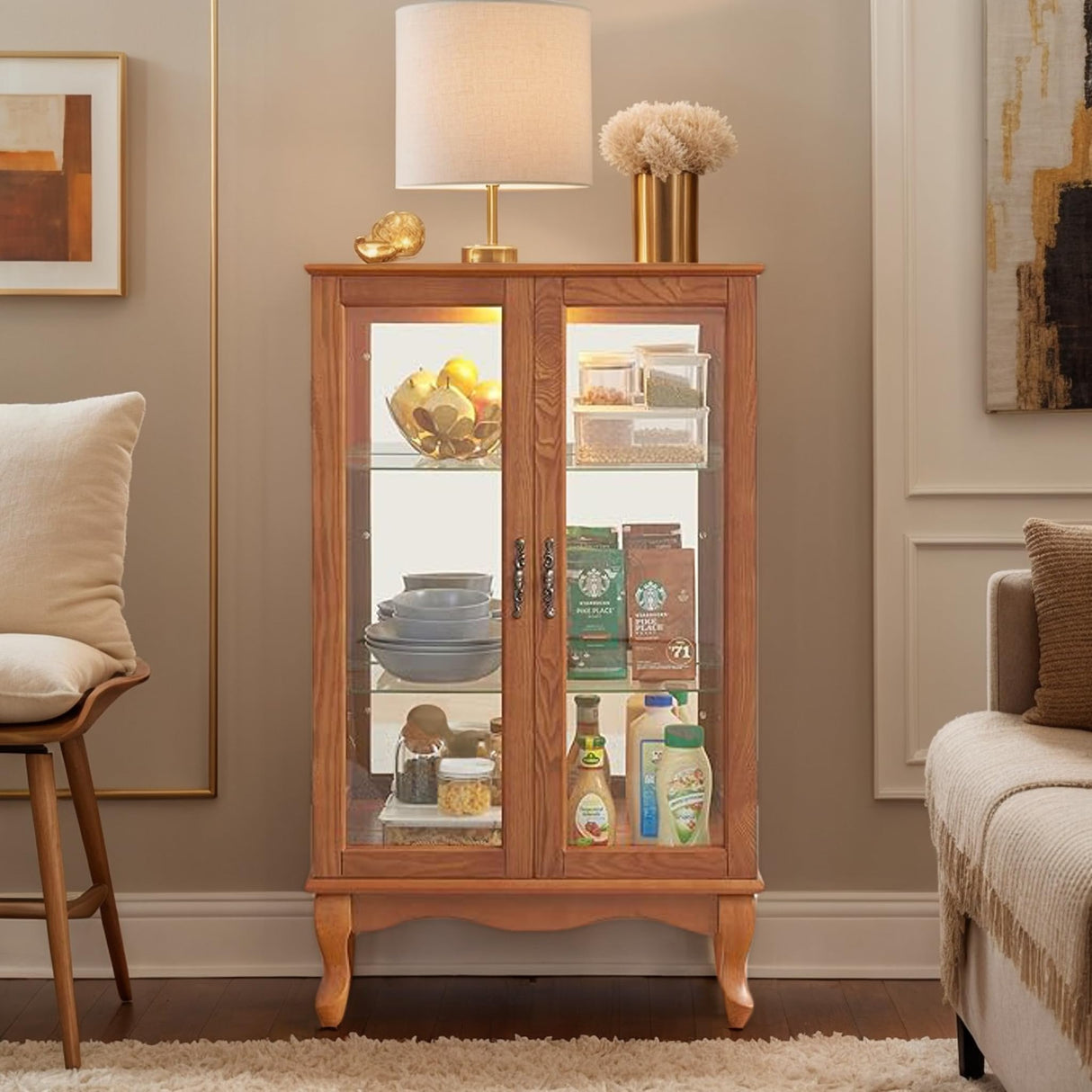 CKEASEAN Lighted Curio Cabinet, 44" H Glass Display Cabinet with 3-Tier Adjustable Glass Shelves, China Cabinet with Mirrored Back Panel for Living Room, Light Blub Included (Dark Oak) CKEASEAN