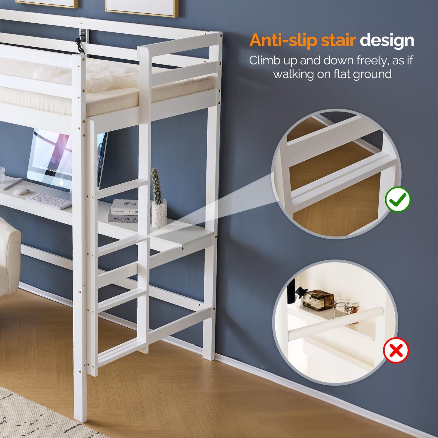 VINGLI Junior Loft Bed with Desk, Wood Loft Bed Twin Size with RGB LED for Adults, 2 Charging Station on High Guardrail and Desk,Wood Slat Support, White