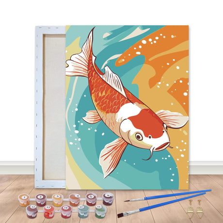 Bimkole Framed Paint by Numbers Kit for Adults Koi, DIY Oil Painting on Canvas with Frame, Fish Paint by Numbers Set for Home Wall Decor 8x12 Inch/20x30 cm Bimkole