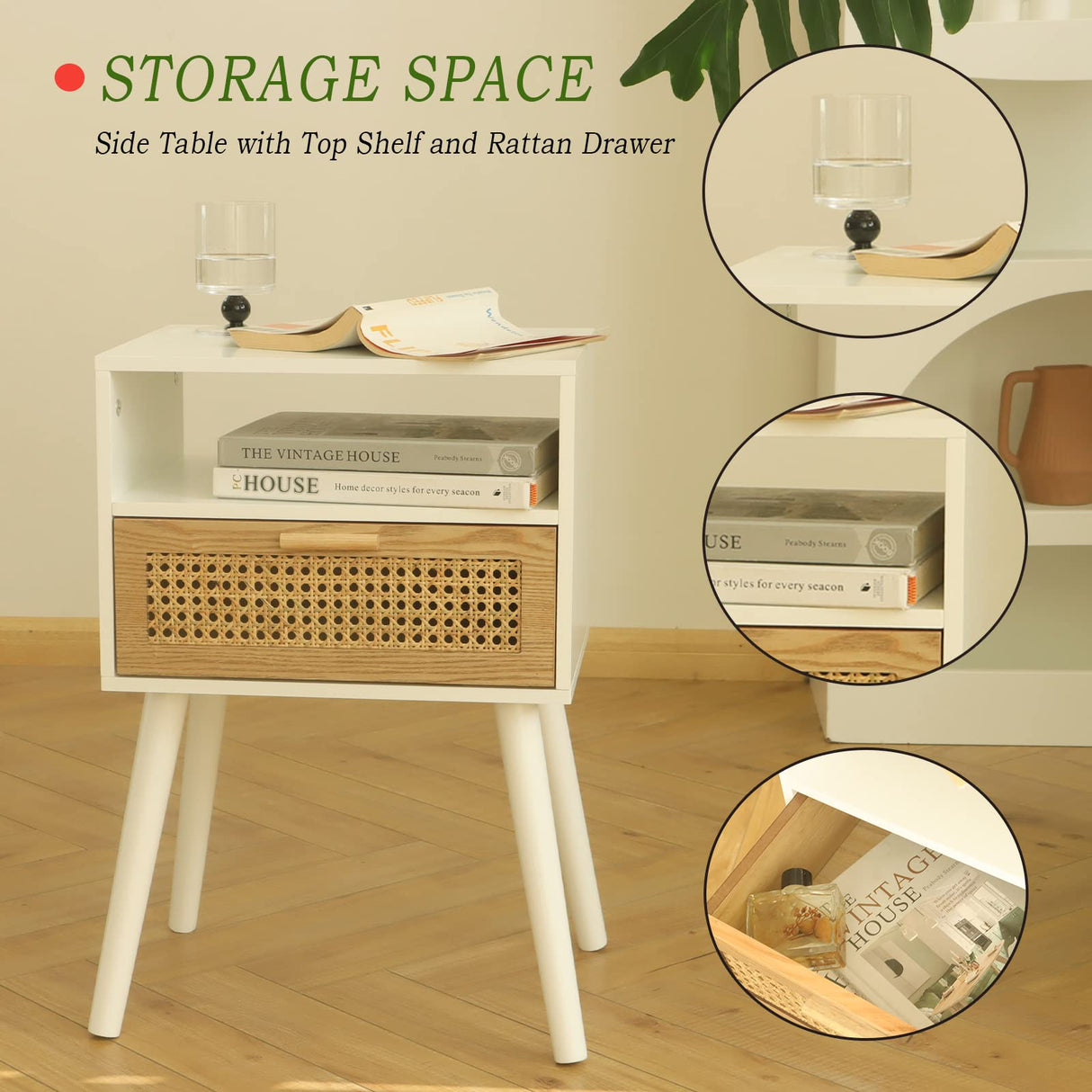 MaxSmeo White Nightstand with Drawer, Mid Century Modern Nightstand, Rattan Side Table, End Table with Storage for Living Room, Bedroom and Small Spaces, Easy Assembly (White) MaxSmeo