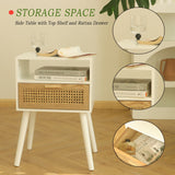MaxSmeo White Nightstand with Drawer, Mid Century Modern Nightstand, Rattan Side Table, End Table with Storage for Living Room, Bedroom and Small Spaces, Easy Assembly (White) MaxSmeo