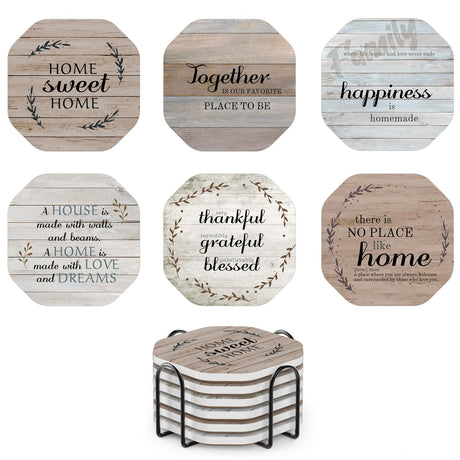 UMIRRO Rustic Farmhouse Coasters for Coffee Table Decor, Ceramic Coaster Set with Holder for Wooden Table, Cute Cup Coasters for Drinks Absorbent, Housewarming Gifts for New House/Home, 4", 6 Pack Umirro