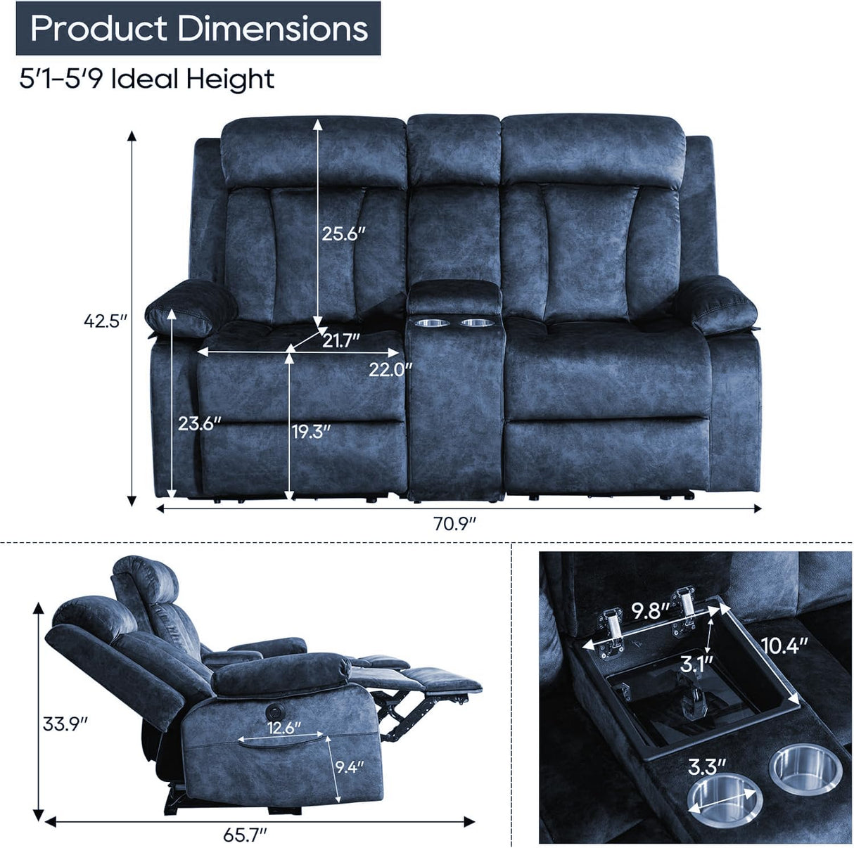 GUEAPY Power Reclining Loveseat with Console, Heat & Massage, 2 Seat Reclining Sofa with Cup Holders, USB & Type-C Ports, Plush Dutch Velvet 2 Seat Reclining Couch for Living Room, RV,Office,Apartment GUEAPY