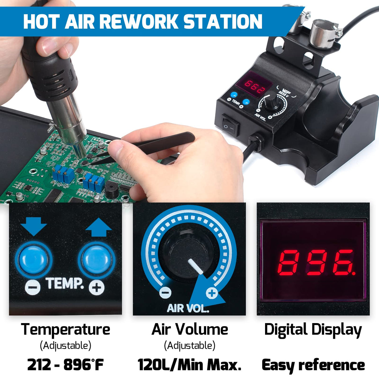 WEP 8858-V Hot Air Rework Station Kit with Compact Size, Integrated Nozzle Holder, 3 Nozzles, 2 Tweezers, Adjustable Temperature& Air Volume, PID Program, °C/°F Conversion and More WEP