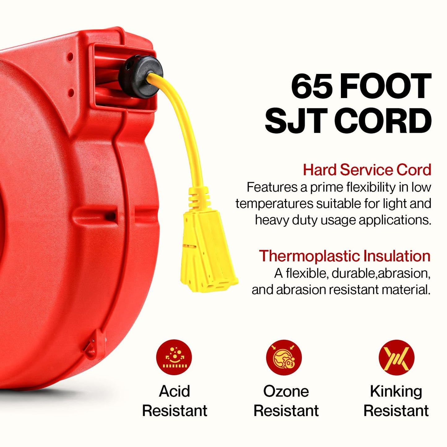 ReelWorks Extension Cord Reel Retractable 12AWG x 65' Foot 3C/SJT Heavy Duty Commercial Cable Triple Tap Connector Power 15A 125VAC 1875W - WoodArtSupply