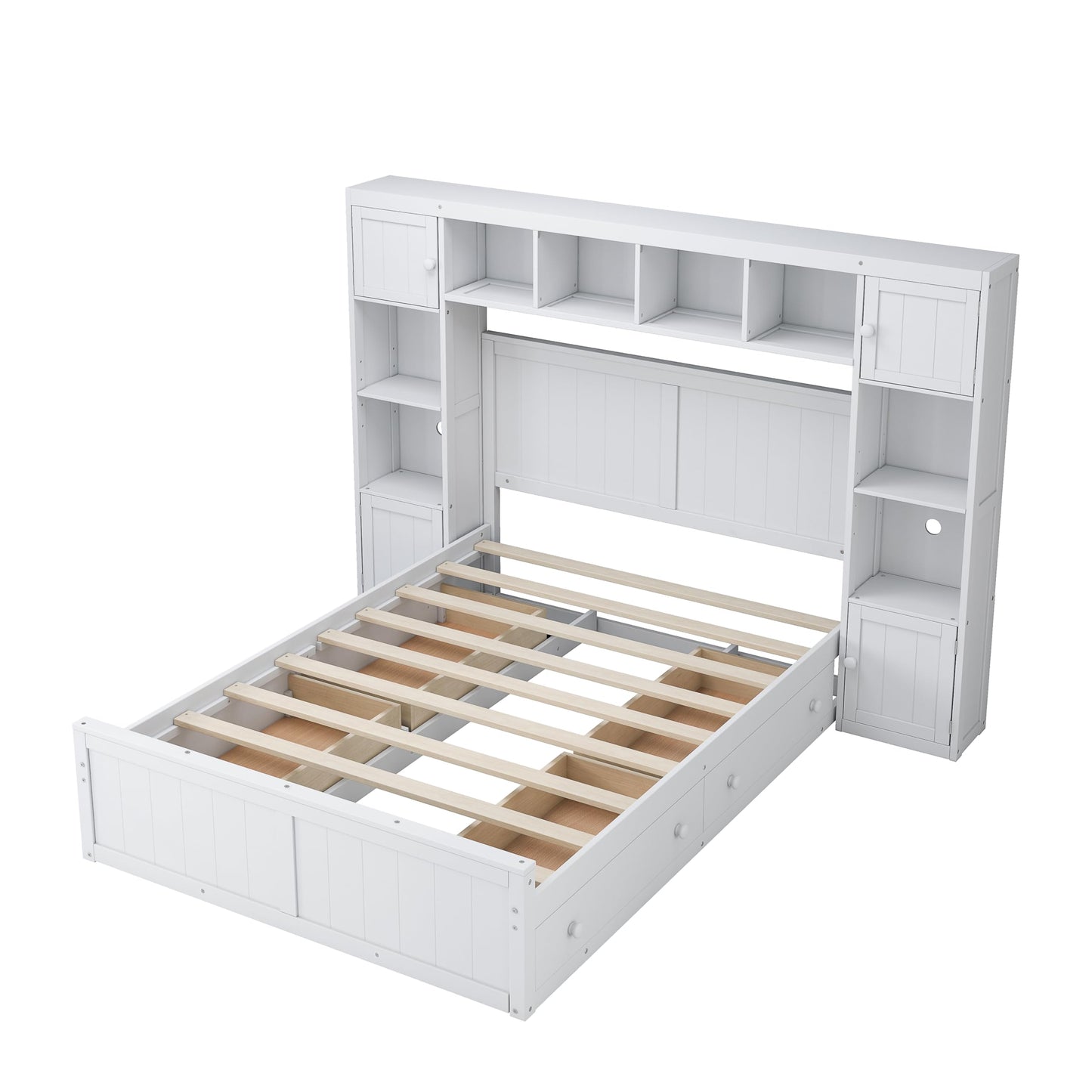 SOFTSEA Full Size Bed with 4 Storage Drawers and All-in-One Cabinet and Shelves, Platform Bed with Storage Headboard for Bedroom, Solid Wood Bed