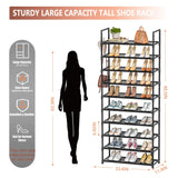 LUKYTOWER Tall Shoe Rack - 10 Tier Shoe Organizer with Metal Shelf, 5 Hooks, Pocket & Sturdy Stand for Closet Shoes LUKYTOWER