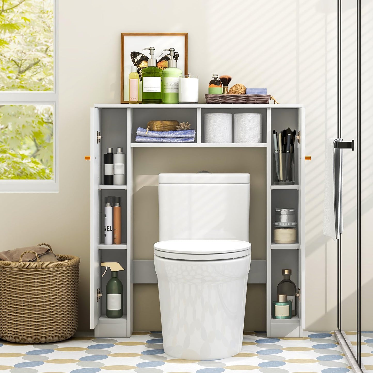 Giantex White Over The Toilet Storage Cabinet with Adjustable Shelves and Double Doors - WoodArtSupply