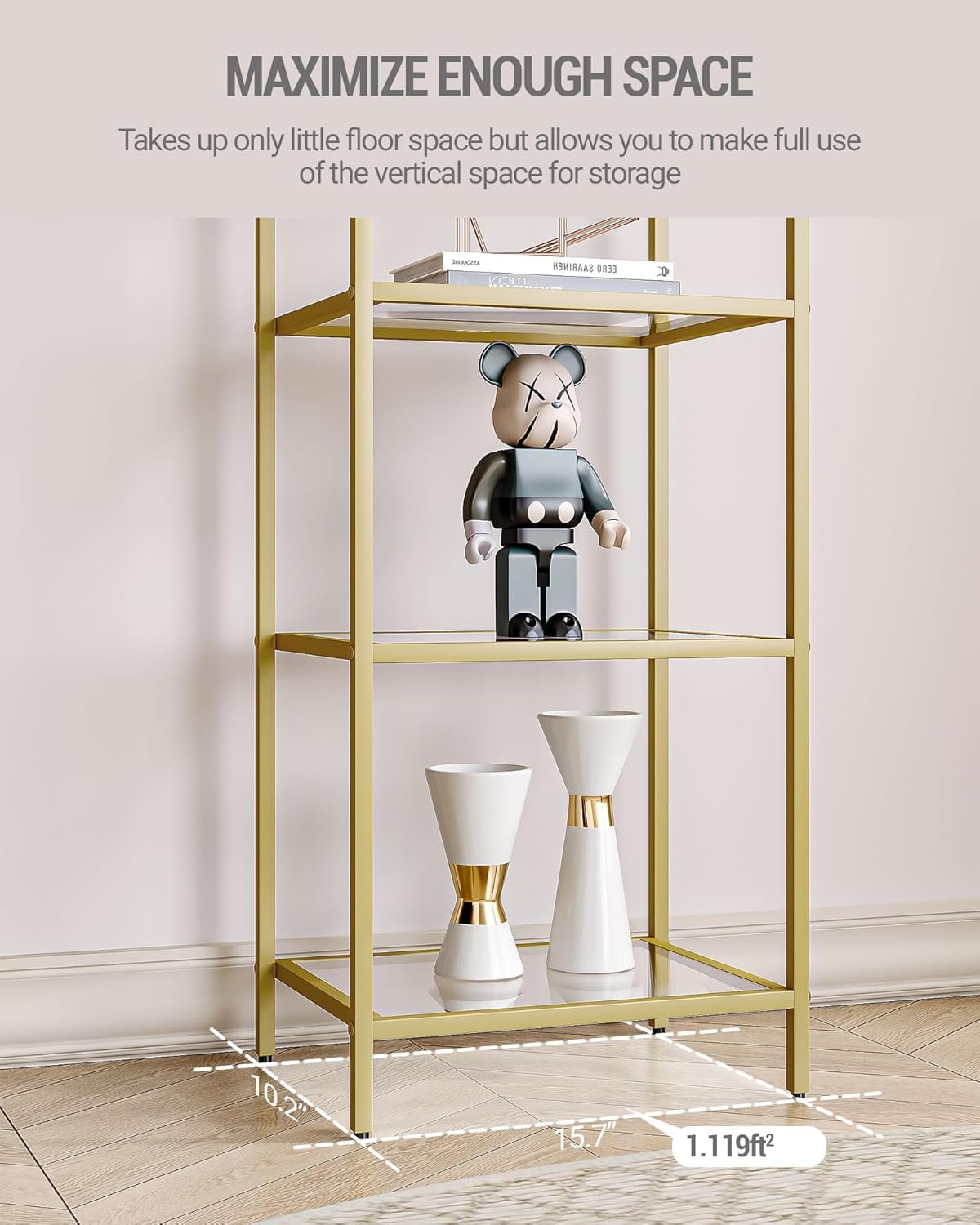Hzuaneri Bookcase Bookshelf, Tempered Glass Bookshelves, Slim Shelving Unit for Bedroom, Bathroom, Home Office, Steel Frame, 6 Tier Gold BC10601G Hzuaneri