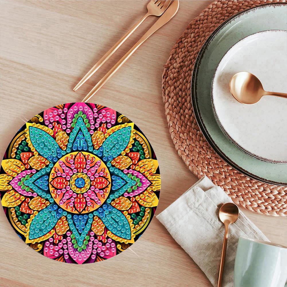 ijbnhd Mandala Diamond Art Coasters Kits for Adults, 8 Pieces Mandala Diamond Painting Coasters with Holder for Beginners 4X4inch (Cork Wooden Pad) ijbnhd