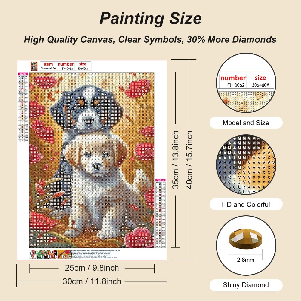 FHBUBPUP Dog Diamond Painting Kits for Adults, Diamond Art Kits for Beginners Animal, Full Drill Round Gem Art, DIY Paint with Diamond Beads Craft Home Wall Decor Gift 12x16 inch FHBUBPUP