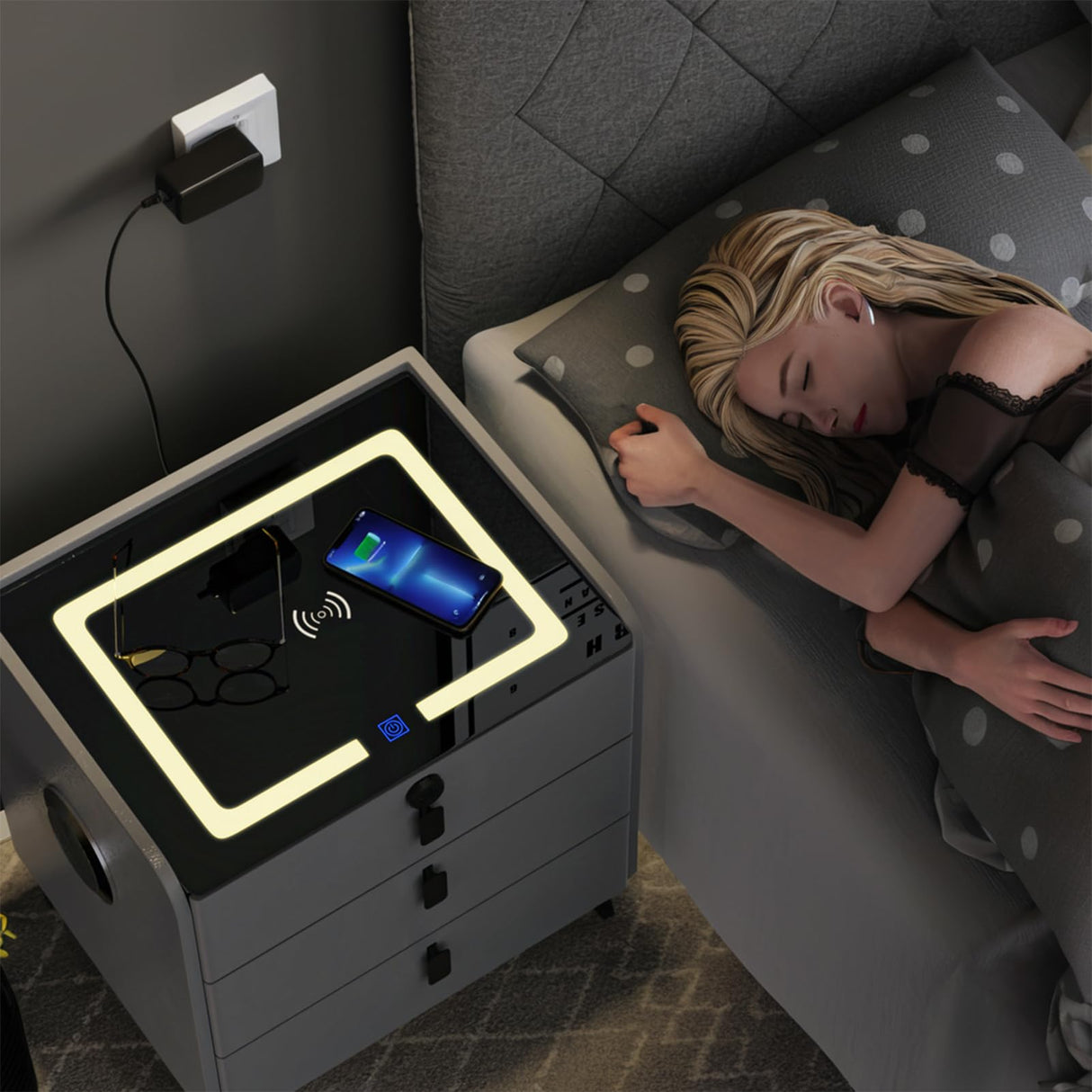 QHRAY Smart Nightstand with Fingerprint Lock Drawer, Nightstand with Wireless Charging, Night Stand with Charging Station,2 USB, LED Lights Bluetooth Speaker Side Table for Bedroom/Living Room QHRAY