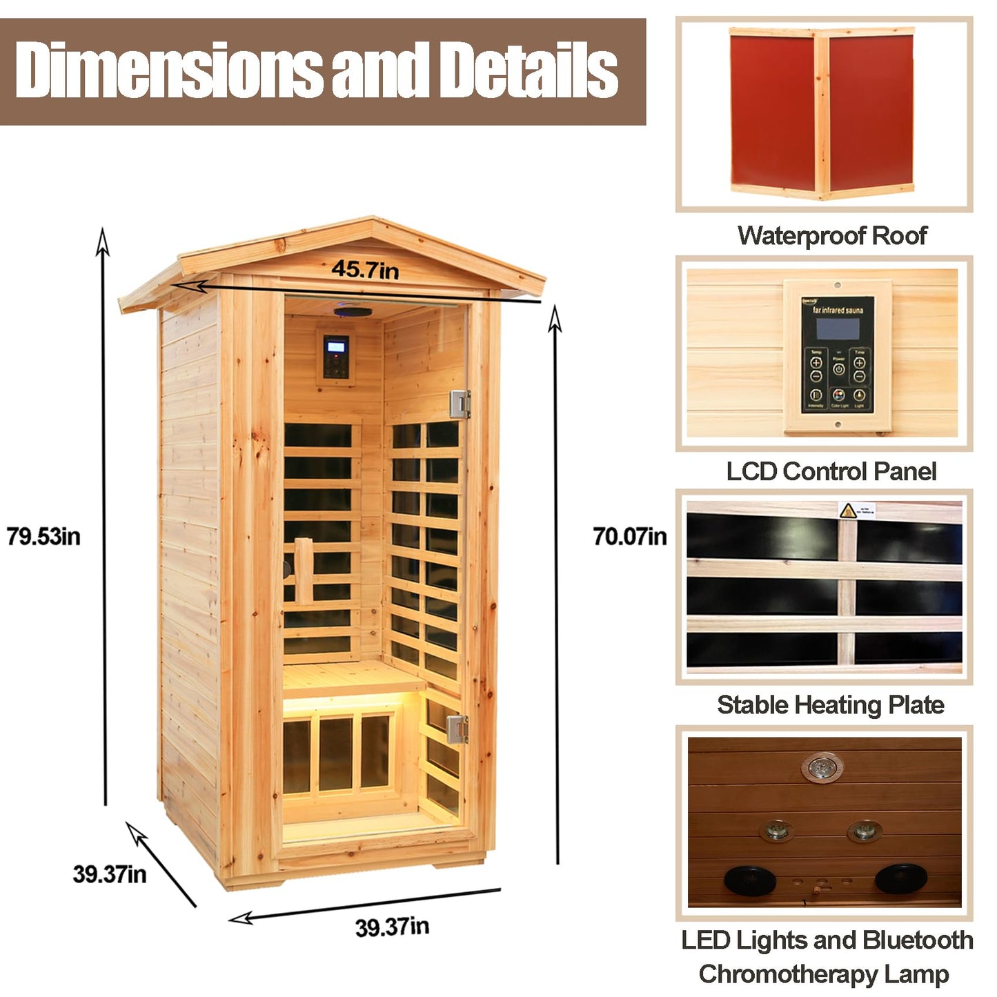 Outdoor Sauna 1 Person, Low EMF Infrared Sauna, Home Sauna, Bluetooth, LCD Control Panel, Chromotherapy and Reading Lights, 1560W (Outdoor Sauna 1 Person/Hemlock)