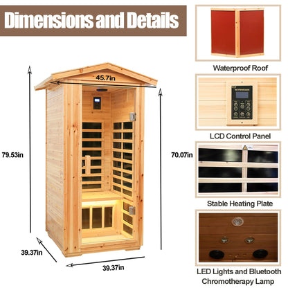 Outdoor Sauna 1 Person, Low EMF Infrared Sauna, Home Sauna, Bluetooth, LCD Control Panel, Chromotherapy and Reading Lights, 1560W (Outdoor Sauna 1 Person/Hemlock)