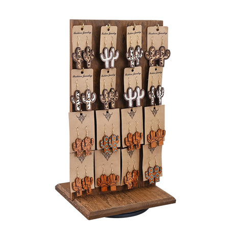 Ikee Design Wooden Rotating Two-Sided Jewelry Display Stand, Rotating Organizer with 32 Hooks for Store, Earring Keychain Display with Hooks, Brown color, 9 W x 7.5 D x 16.5 H in Ikee Design