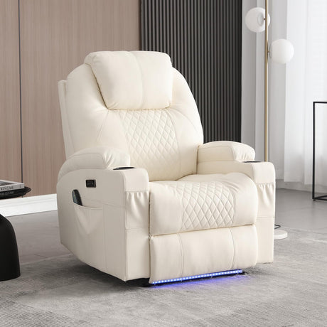 IBTKIG Power Recliner Chair with Heat and Massage, PU Leather Home Theater Seating with LED Lights/Cup Holders/Side Pocket/USB Port, Reclining Sofa Chair for Living Room (1, Beige) IBTKIG
