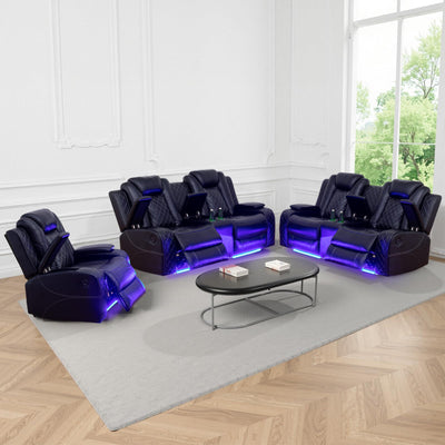 JBXBER Power Recliner Sofa Set with LED Lights, Black Leather Reclining Couch Sets with Storage Console, USB Ports, Cup Holder, Home Theater Seating, Living Room Furniture(2 Loveseats and a Chair)