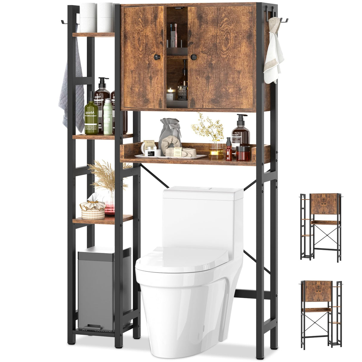 Over The Toilet Storage Cabinet with Doors - 7 Tier Bathroom Organizer with Adjustable Shelf, Freestanding Space Saver Rack Above Toilet Stand with 4 Hooks for Bathroom, Restroom, Laundry, Rustic Besiost