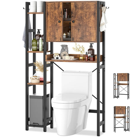 Over The Toilet Storage Cabinet with Doors - 7 Tier Bathroom Organizer with Adjustable Shelf, Freestanding Space Saver Rack Above Toilet Stand with 4 Hooks for Bathroom, Restroom, Laundry, Rustic Besiost