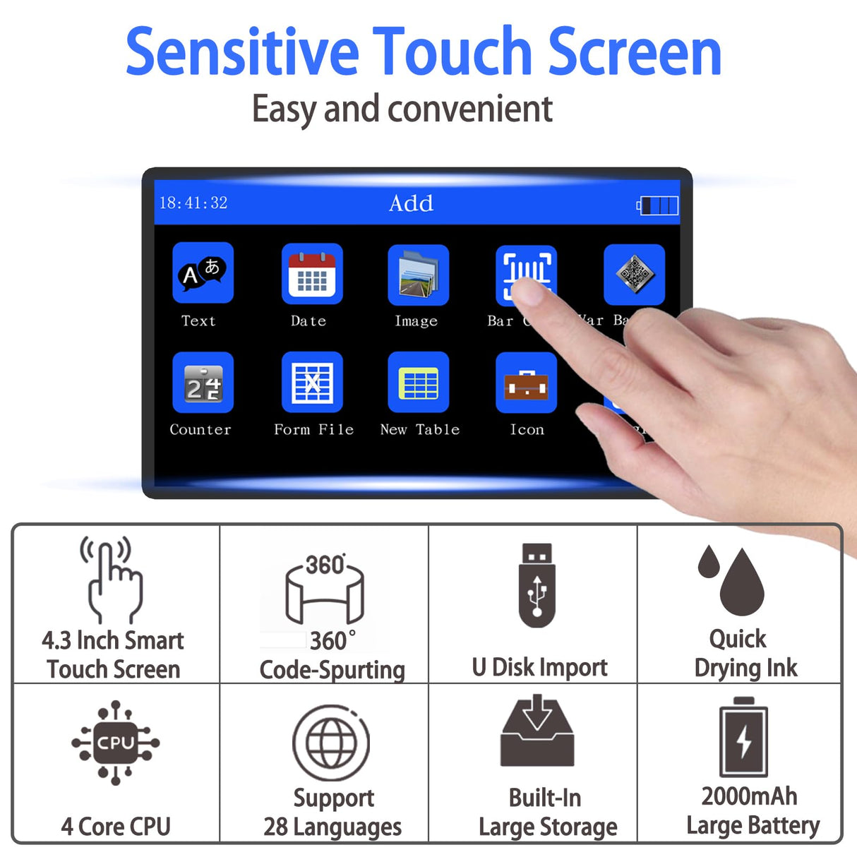 Handheld Inkjet Printer with 42ml Black Quick-Drying Ink Cartridge, Portable Handheld Printer Gun Printing Height 0.08-0.5 Inch for Text QRCode Barcode Batch Number Label Logo Image for Any Surface Leaice