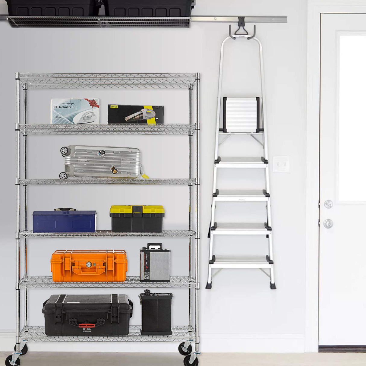 FDW 48 inch L×18 inch W×76 inch H Wire Shelving Unit Metal Shelf with 6 Tier Casters Adjustable Layer Rack Strong Steel for Restaurant Garage Pantry Kitchen Garage, Chrome FDW