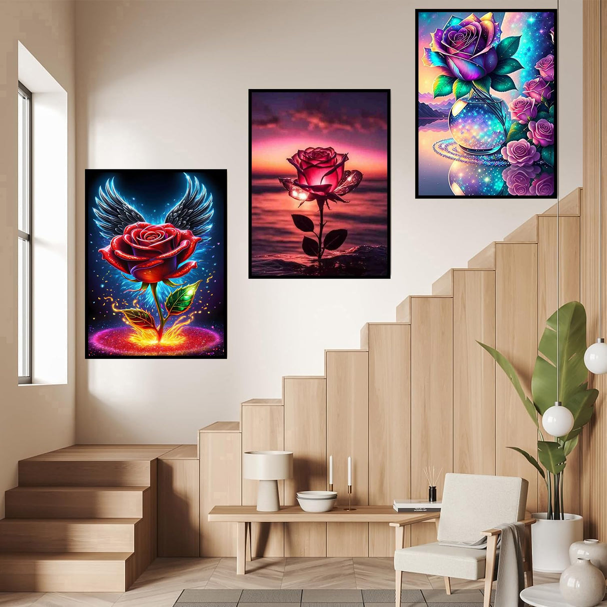 Diamond Art Kits for Adults, 3 Packs Rose Blossom Diamond Art Painting Kits for Beginners, 5D DIY Full Drill Gem Craft for Adult Gifts, Home Wall Decor 12" x 16" croshom