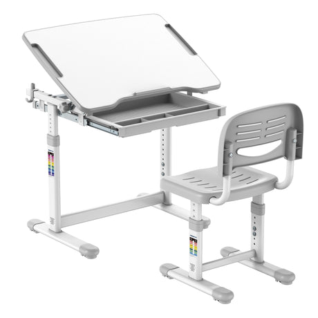 Mount-It! Kids Desk and Chair Set Height Adjustable up to 30" Ergonomic Kids Desk School, Kids Table and Chairs for Student 26" x 18" Tabletop with Pencil Drawer, 3-10 Age Children, Grey Mount-It!