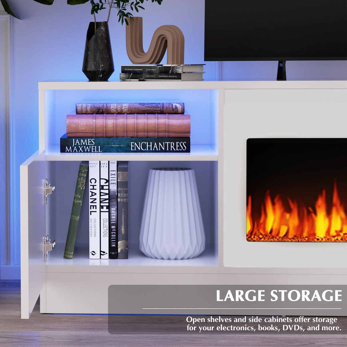 LEMBERI Fireplace tv Stand with 36 inch White Fireplace Up to 80" TVs,LED Light Entertainment Center and Storage, 70" Modern Wood Media TV Console with Highlight Cabinet for Living Room LEMBERI