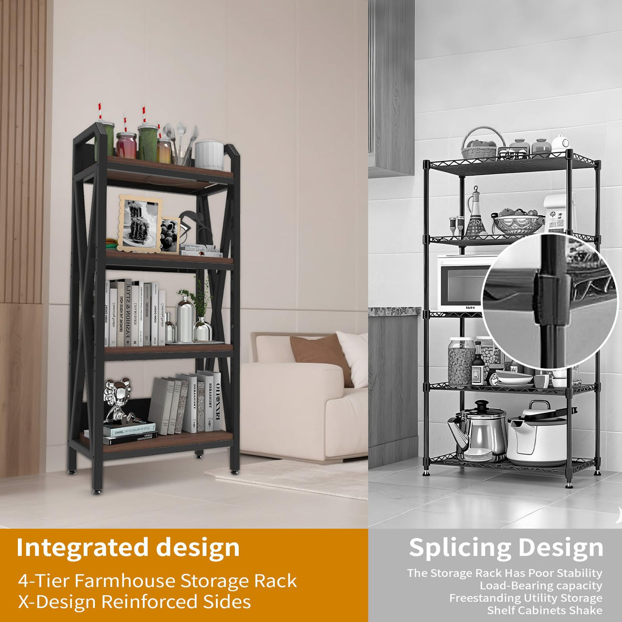 Bakers Rack with 4-Tier Adjustable Wood Shelves, Heavy-Duty Metal Frame Kitchen Shelf Organizer, Microwave Stand for Kitchen, Living Room, Apartments, 25.6" Wider Sailret