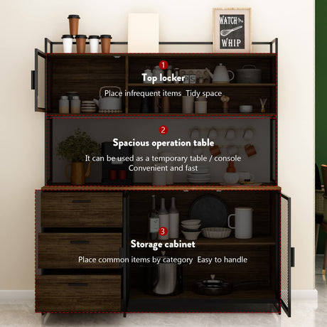 ECACAD Industrial-Style Brown Wood Sideboard Buffet with Hutch, Metal Mesh Doors, and Versatile Storage Solutions ECACAD