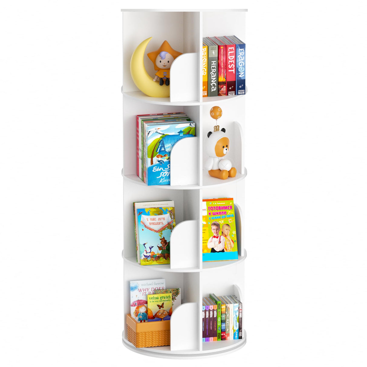 upsimples Rotating Bookshelf, 360° Display Corner Shelf for Book, 4 Tier Floor Standing Spinning Bookcase, Narrow Storage Rack for Kids Room, Bedroom, Living Room, White upsimples