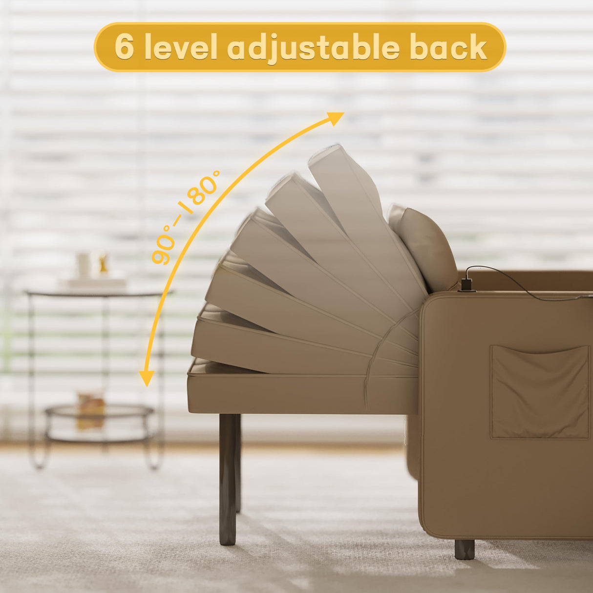 Vabches Sofa Bed Chair with Wing Table and USB Ports Outlet, 3-in-1 Sofa Chair Bed Couches with Two Pillows, Velvet Sleeper Chair with Adjustable Backrest, Easy Assembly, Brown Vabches