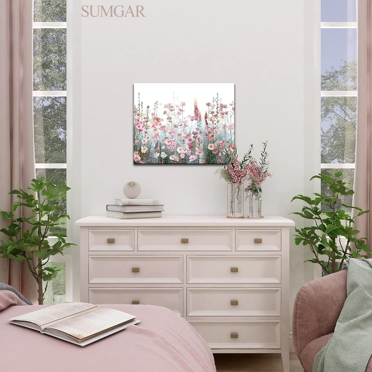 SUMGAR Paint by Numbers kit for Adults Flowers Framed Painting Easy DIY Acrylic Oil Painting on Canvas for Beginner Girls Teens,Pink Wildflower Paint by Numbers Kit with Frame Family Gifts 20" x 16" SUMGAR