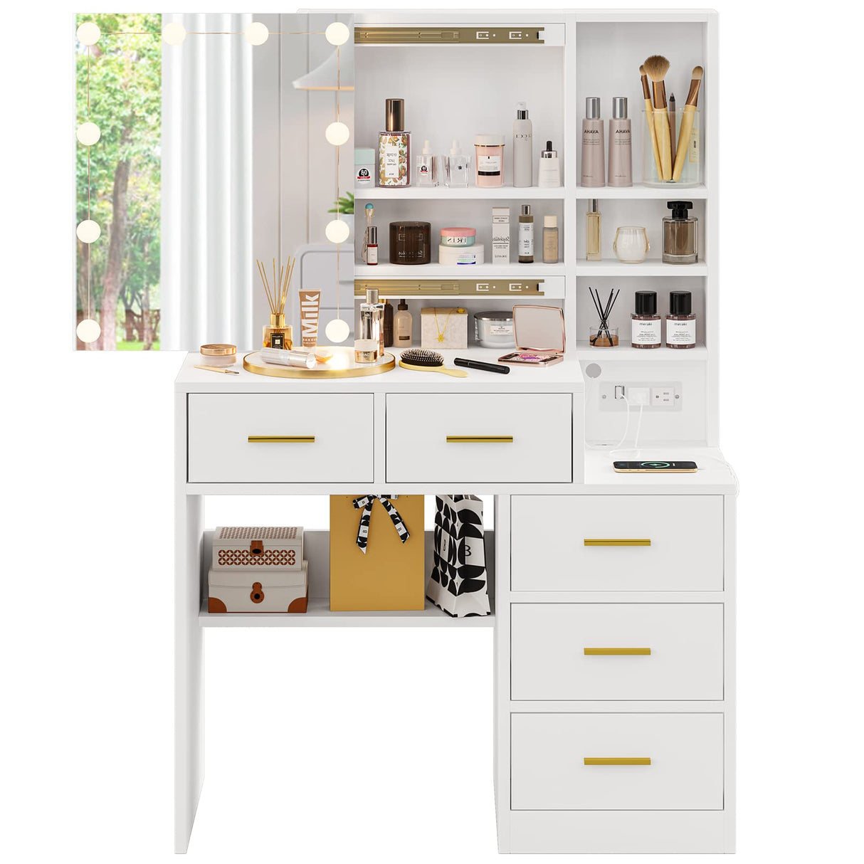 BTHFST Vanity Desk with Sliding Mirror and Lights, Makeup Vanity with Lights and Charging Station, Makeup Desk with 5 Drawers, Modern Vanity Table with Hidden and Open Storage Shelves, White BTHFST