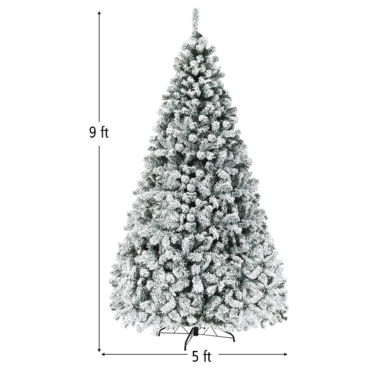 Goplus 9ft Pre-Lit Artificial Christmas Tree, Premium PVC Snow Flocked Hinged Pine Tree with Metal Stand and LED Lights, Perfect Xmas Decoration for Indoor and Outdoor