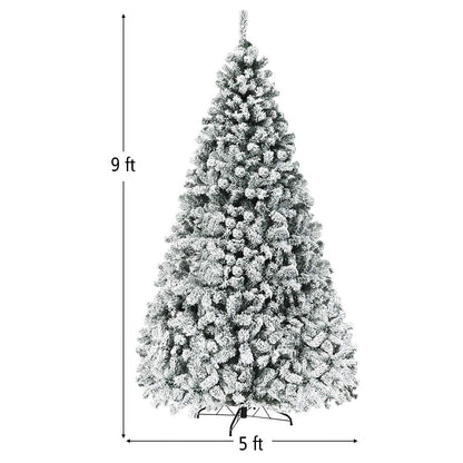 COSTWAY 9 FT Pre-Lit Christmas Tree, Snow Flocked Hinged Xmas Tree with 1498 Branches Tips & 550 LED Lights, Metal Stand, Artificial Pine Lighted Holiday Tree for Home Office Decorations