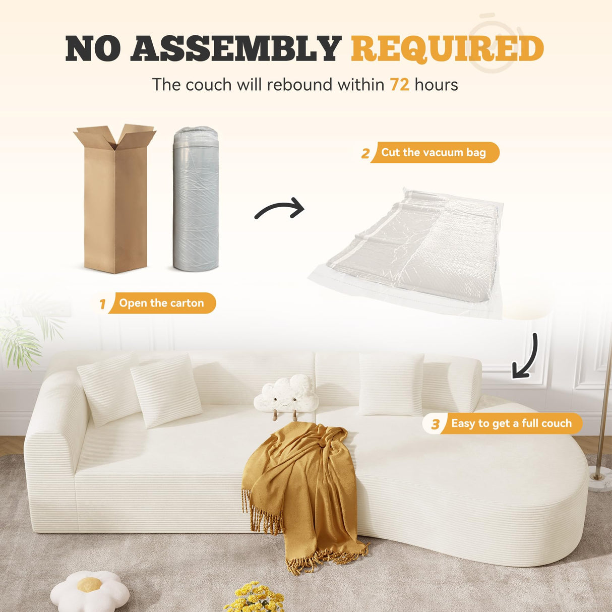 126" Oversized Modular Sectional Sofa, Modern Cloud Curved Couch with Deep Seat, Upholstered Corduroy Couches for Living Room, No Assembly Required, 1 PCS Off White Luxanimarion