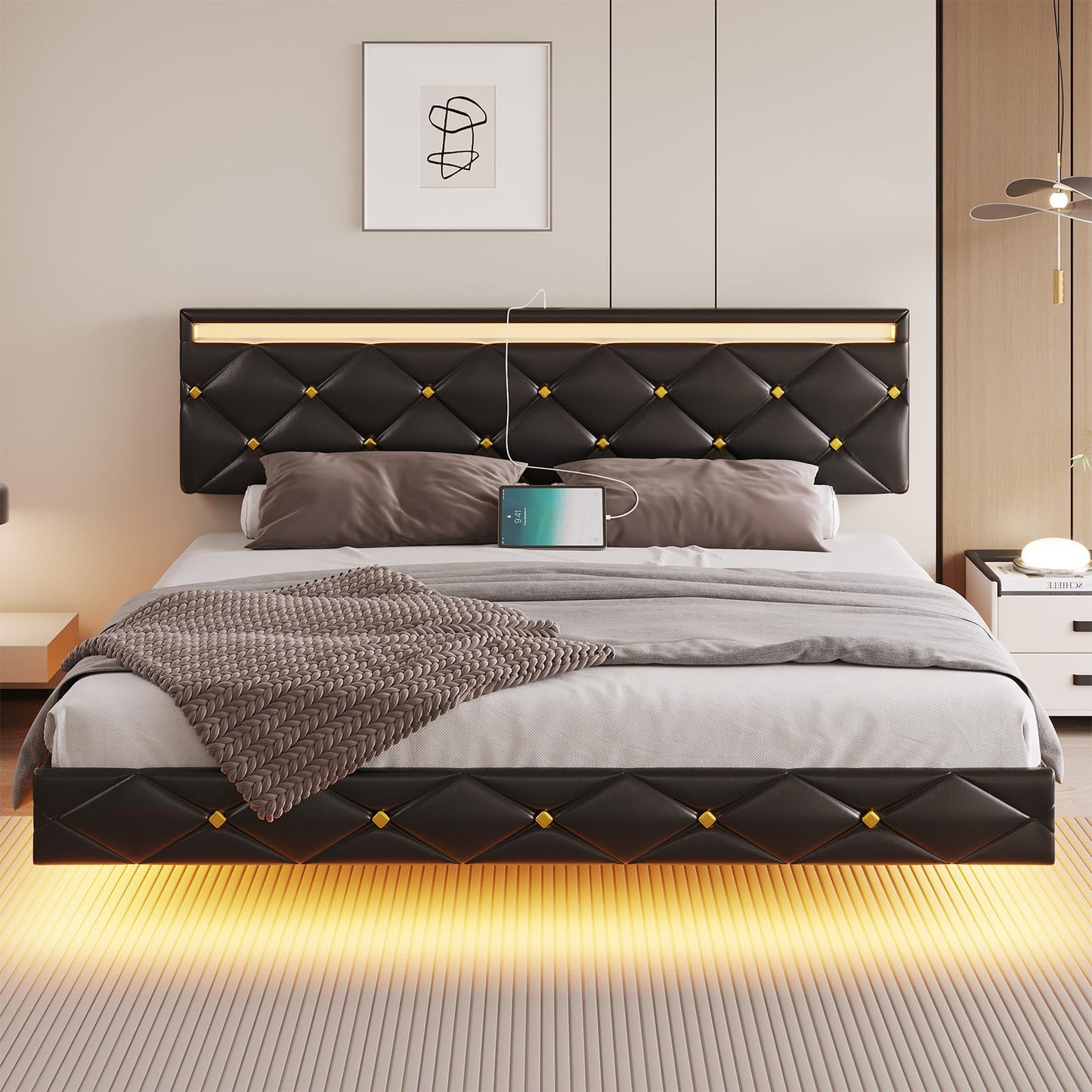 DICTAC King Size Floating Bed Frame with LED Lights & USB Ports - Modern Faux Leather Platform Bed with Adjustable Headboard - WoodArtSupply