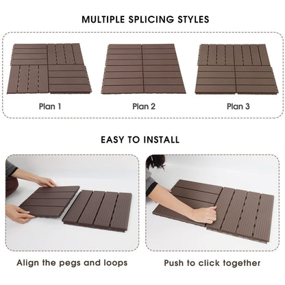 Interlocking Deck Tiles, 12 PCS 12” x 12” Patio Tiles Waterproof Plastic Outdoor Flooring Covering All Weather for Walkway Front Porch Poolside Balcony Backyard, Brown