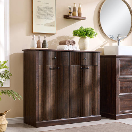 IFBUY Modern Double Tilt-Out Laundry Hamper Cabinet, 20 Gallon Fluted Trash Can Cabinet w/2 Drawers, Wooden Hidden Garbage Can Cabinet w/Laundry Basket, Free Standing for Bathroom and Kitchen, Brown IFBUY