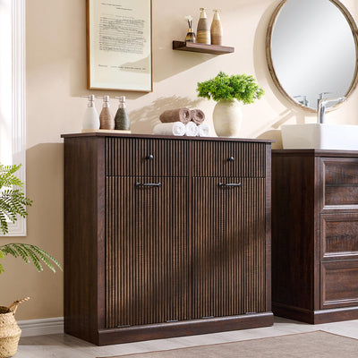 IFBUY Modern Double Tilt-Out Laundry Hamper Cabinet, 20 Gallon Fluted Trash Can Cabinet w/2 Drawers, Wooden Hidden Garbage Can Cabinet w/Laundry Basket, Free Standing for Bathroom and Kitchen, Brown