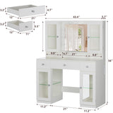 HUAHUU Vanity Desk with Mirror and RGB Lights, 43" Large Makeup Vanity with Glass Top, 4 Large Glass Cabinets, Power Outlet & 3 Drawers, 3 Colors Lighting Adjustable Brightness for Bedroom, White HUAHUU
