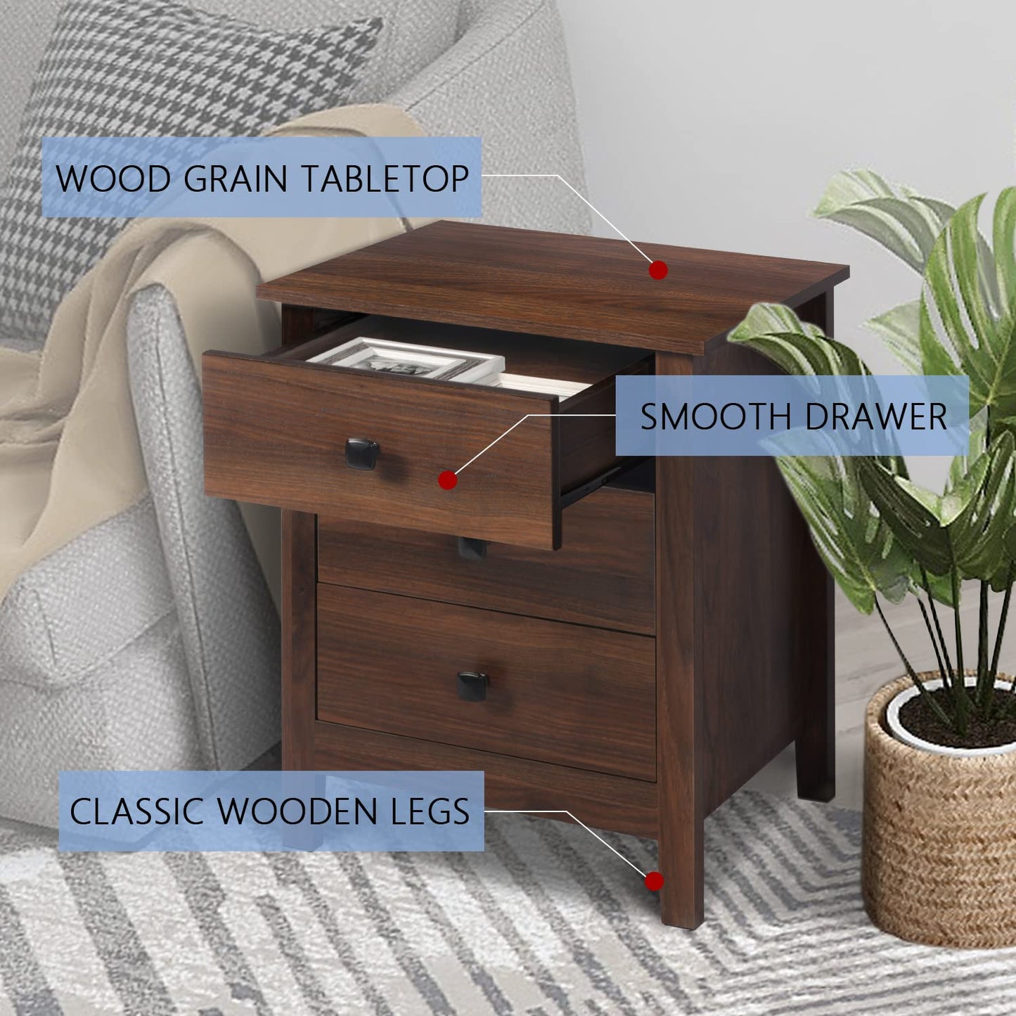 LTMEUTY Set of 2 Nightstands for Bedroom - Wood Nightstand Set with Drawers, Bedside Table, Tall Night Stand with 3-Drawer & Open Cabinet, Brown Wood Grain - WoodArtSupply