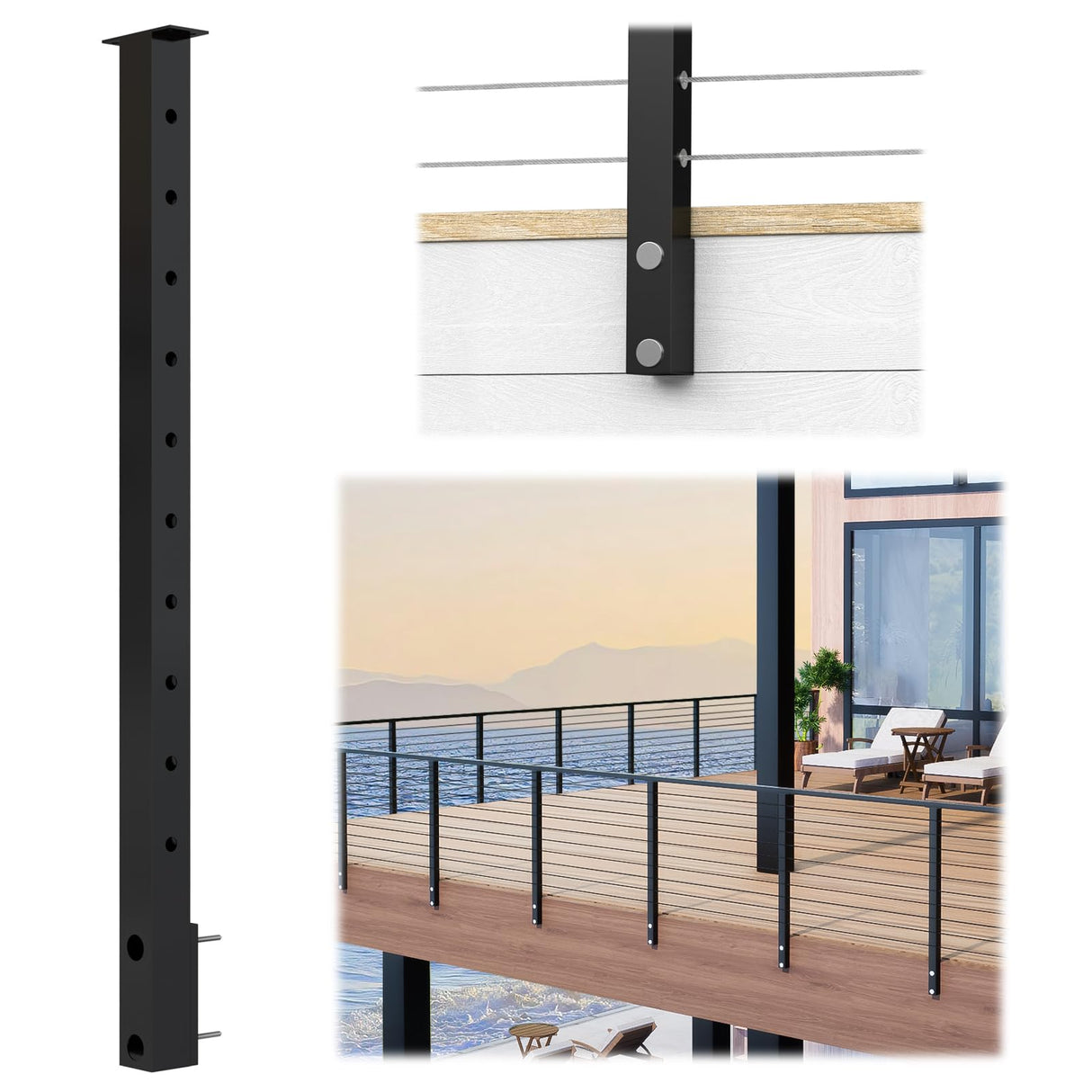 Muzata Aluminum Black Side Mount Cable Railing Post 36 Inch 36"X2"x2" Level Drilled Space-Saving Cable Railing System Kit Indoor Outdoor Seaside with Paper User Guide PW02 BHAS Muzata