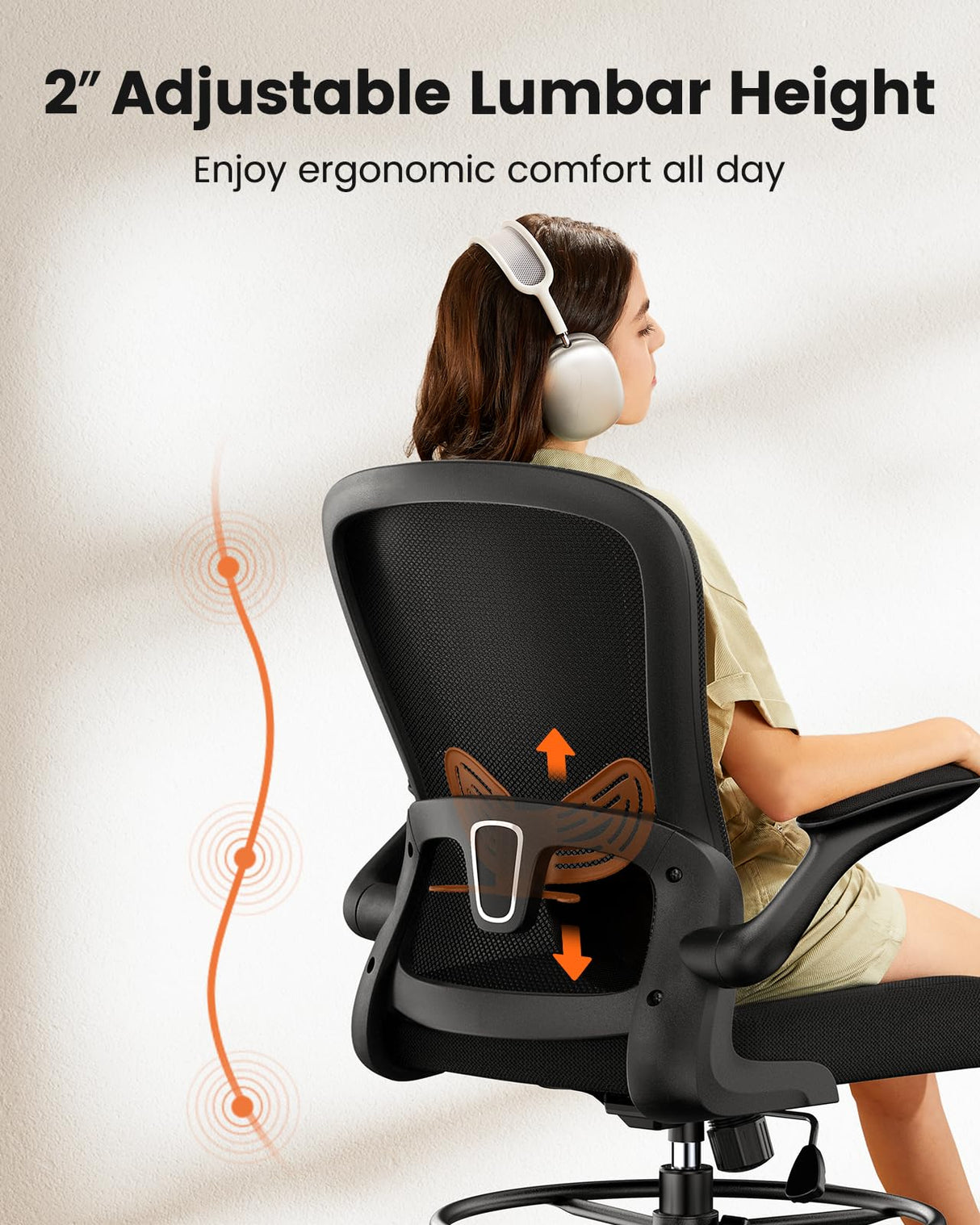 ErGear Drafting Chair, Standing Desk Chair with Flip-Up Armrests, High Desk Chair Adjustable Height, Ergonomic Tall Office Chair with Lumbar Support and Adjustable Footrest Ring ErGear