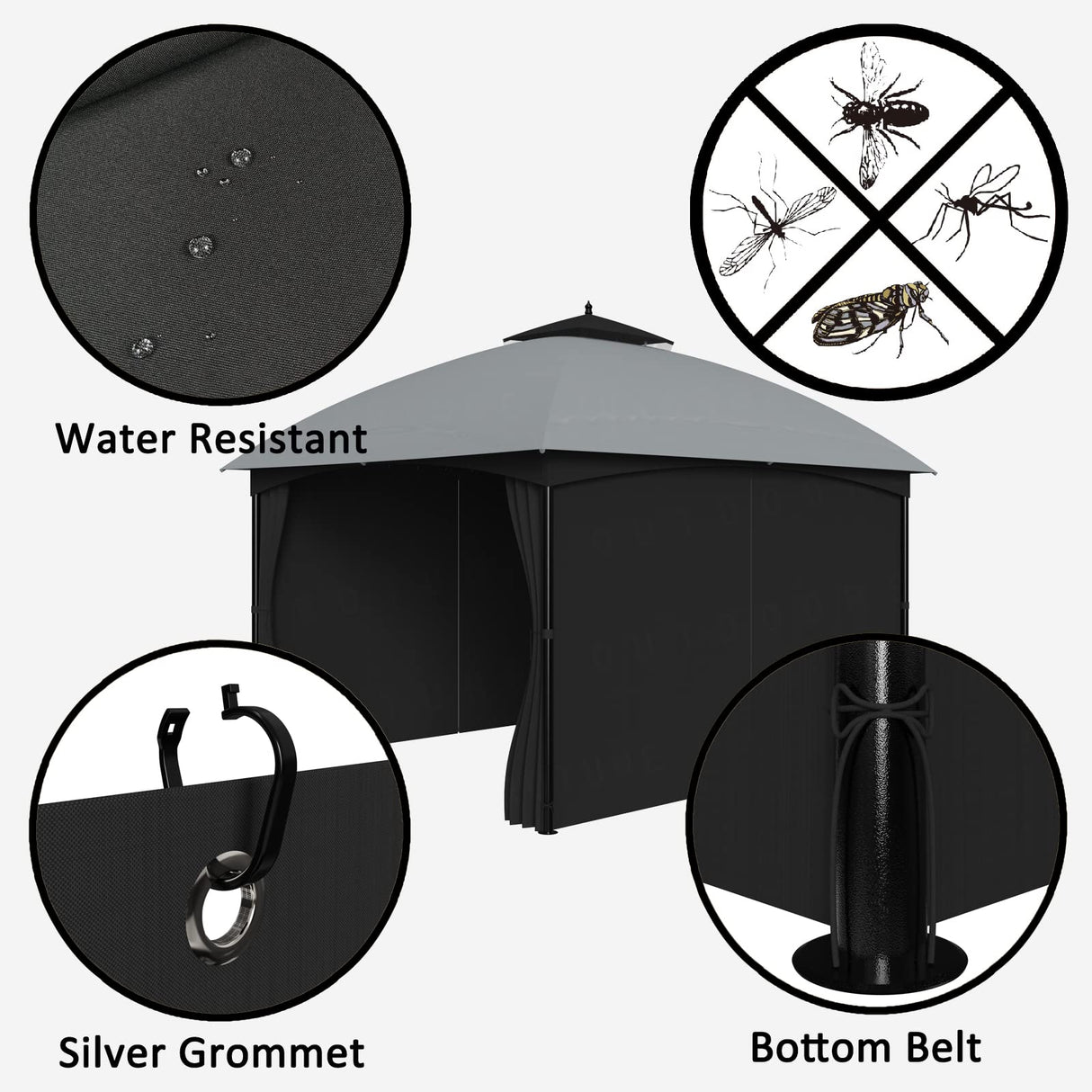 SunCula Replacement 10'x12' Gazebo Curtains waterproof, Universal Privacy Shade Curtains 4-Panels sidewall with Zipper, Outdoor Curtains for Patio, Backyard, Garden-Black (Only Curtains) SunCula